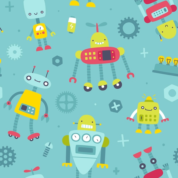 Vector cute pattern with funny robots for kids scandinavian seamless vector print