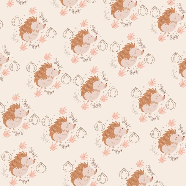 Cute pattern with hedgehog, fruit and leaves. Vector illustration for industry, pajamas and wallpape