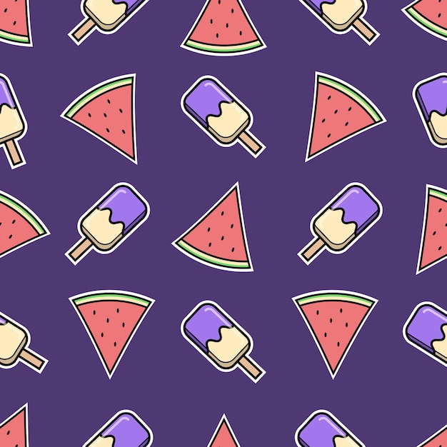Vector cute pattern with ice cream & watermelon