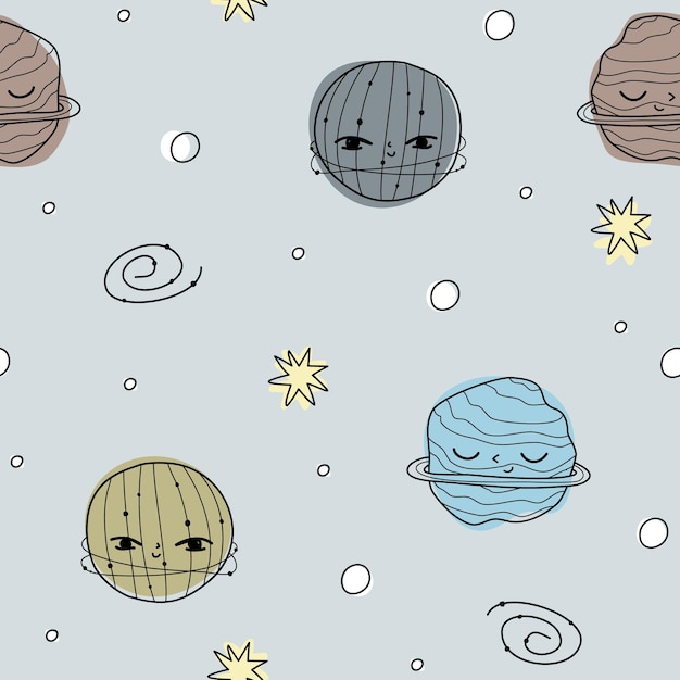 벡터 우주의 별과 행성이 있는 귀여운 패턴 스크랩북 낙서 코스모스를 위한 파란색 종이