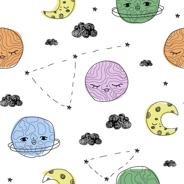 Cute pattern with planets clouds stars moon in space White paper for scrapbooking doodle cosmos