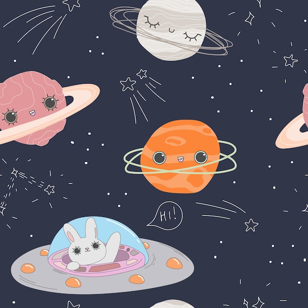 Vector cute pattern with planets and stars and a rabbit in space says hi blue paper for scrapbooking