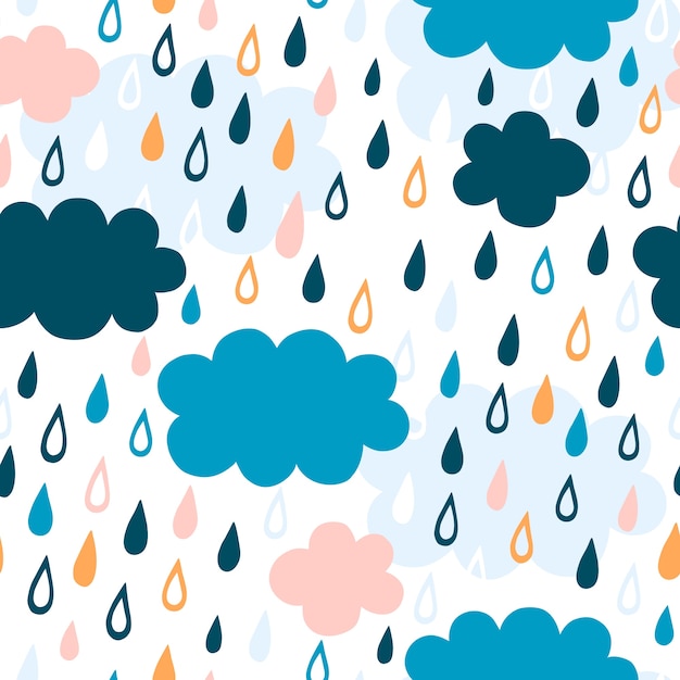 Cute pattern with raindrops and clouds