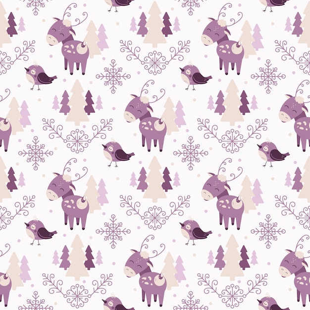 Vector cute pattern with a reindeer and a bird in a winter forest