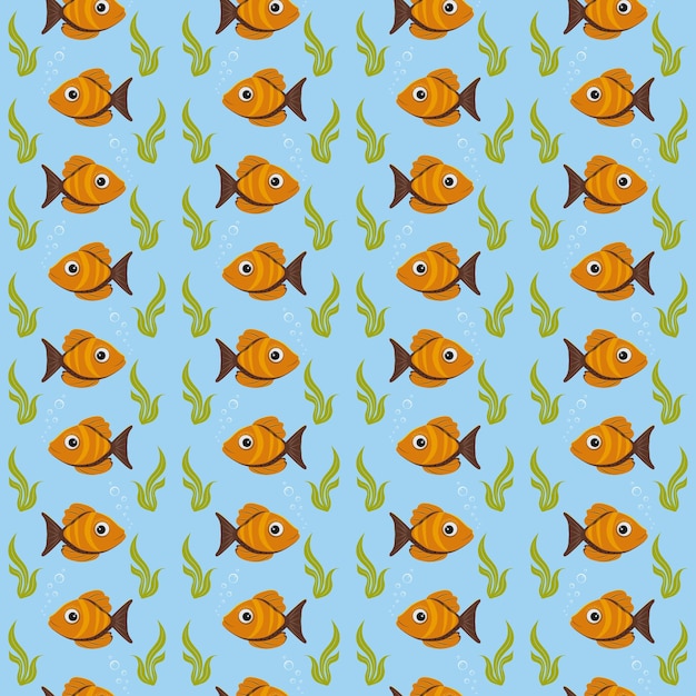 Vector cute pattern with sea fish and algae