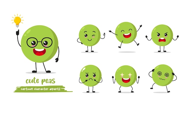 Cute pea cartoon with many expressions different peas activity vector illustration flat design