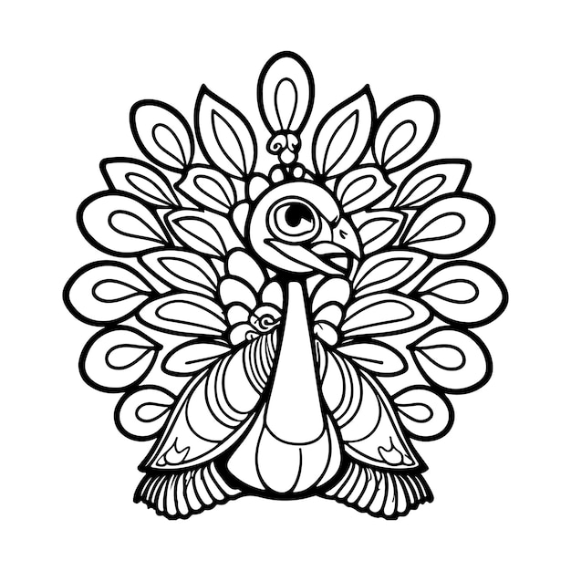 Cute peacock in black and white for coloring book