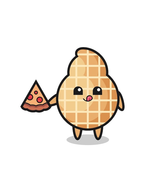 Cute peanut cartoon eating pizza