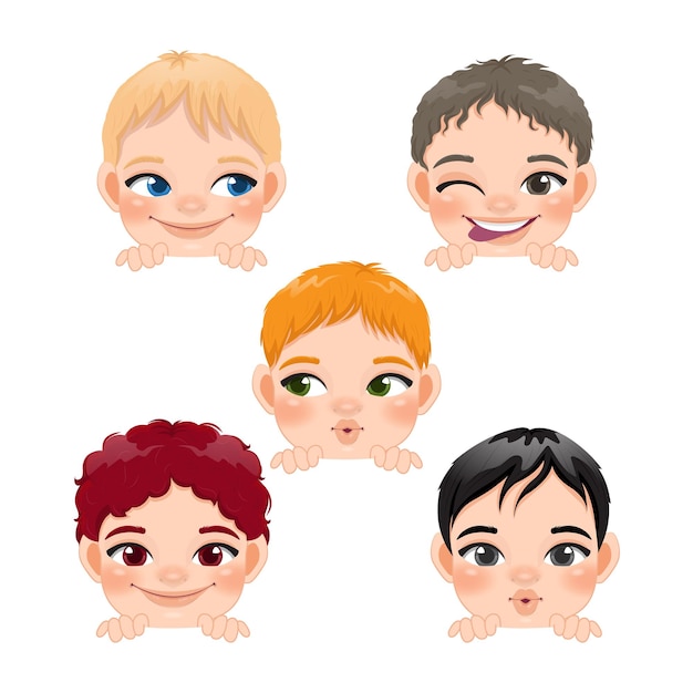 Vector cute peekaboo little boys or kids peeking boys collection and different hairstyle vector illustration