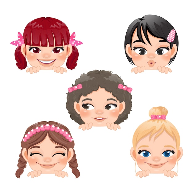 Vector cute peekaboo little girls or kids peeking girls collection and different hairstyle vector illustration