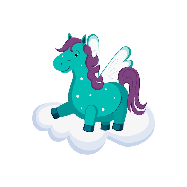 Cute Pegasus on a Cloud. Bright Vector Illustration