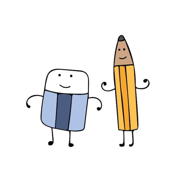 ベクトル かわいい鉛筆と消しゴムの親友ベクトル漫画のマスコット キャラクター