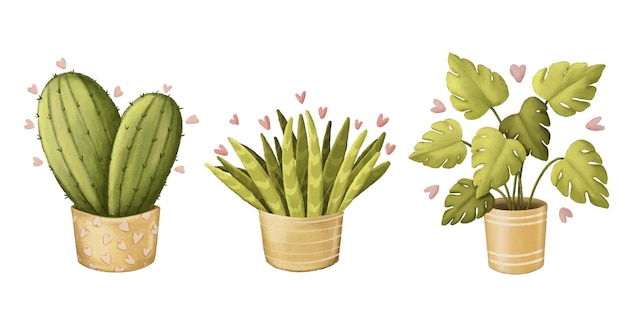 Vector cute pencil drawn houseplants clipart set