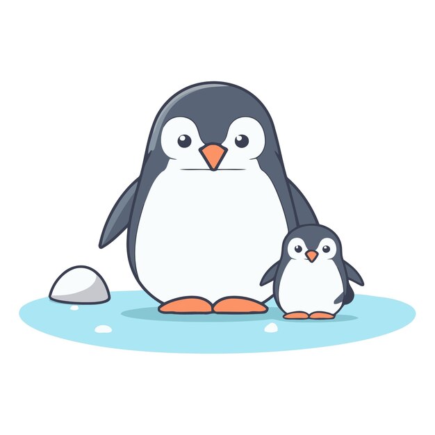 Vector cute penguin and baby penguin on the ice