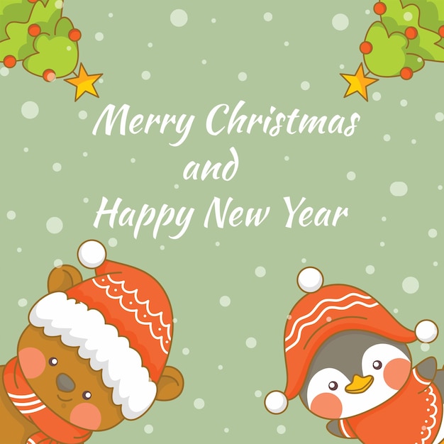 Vector cute penguin and bear with christmas and new year greeting banner