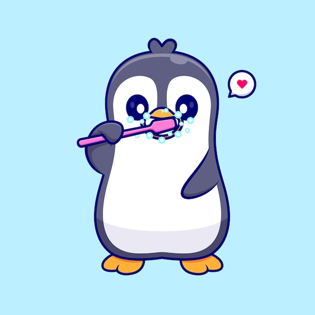 Cute penguin brushing teeth cartoon vector icon illustration animal healthy icon concept isolated