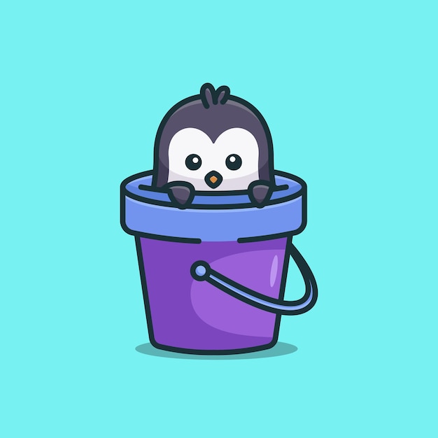 Cute penguin in the bucket simple cartoon illustration