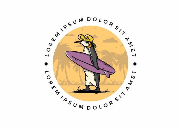 Simpatico pinguino che trasporta una tavola da surf sull'illustrazione della spiaggia