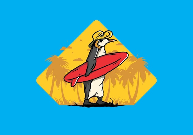 Cute penguin carrying a surfboard on the beach illustration