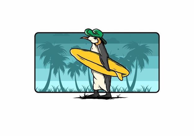 Vettore simpatico pinguino che trasporta una tavola da surf sull'illustrazione della spiaggia