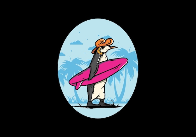 해변 그림에서 서핑 보드를 들고 귀여운 펭귄