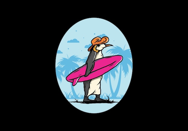 Cute penguin carrying a surfboard on the beach illustration