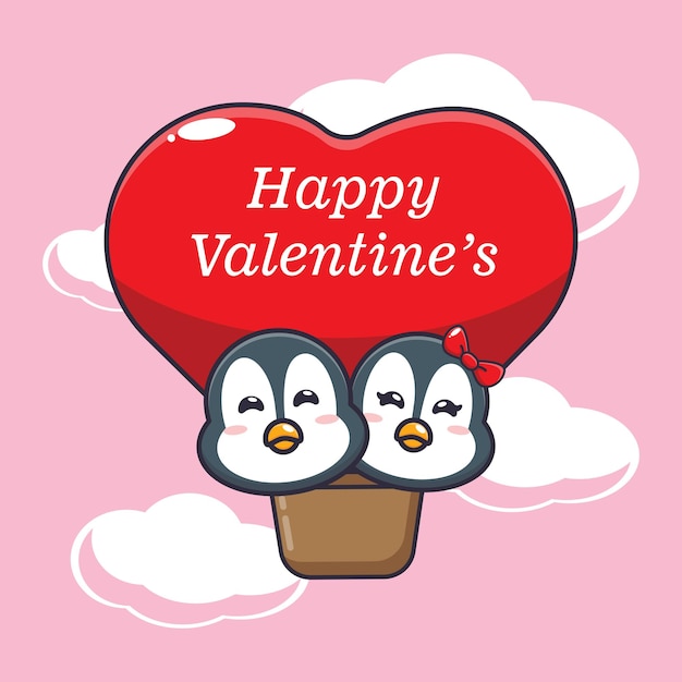 cute penguin cartoon character fly with air balloon in valentines day