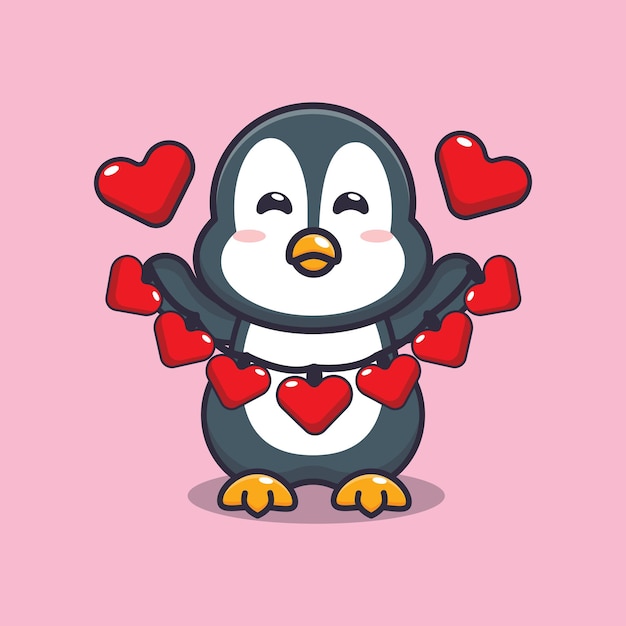 Simpatico personaggio dei cartoni animati del pinguino che tiene la decorazione di amore