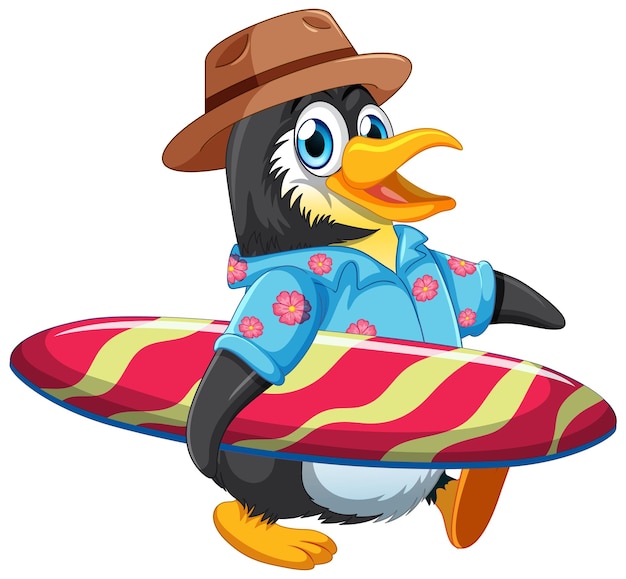 Cute penguin cartoon character holding surfboard