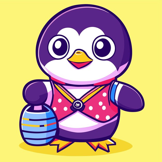 Вектор Милый персонаж мультфильма о пингвинах в летнем наряде, нарисованном вручную.