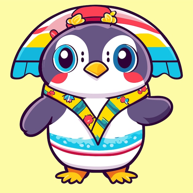 Vector cute penguin cartoon character wearing a summer outfit hand drawn flat stylish