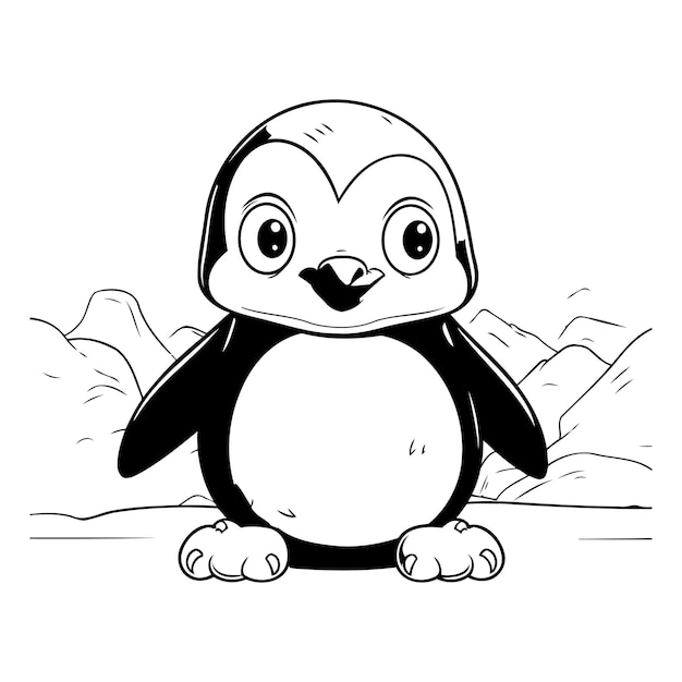 Cute penguin cartoon on the rocks Black and white vector illustration