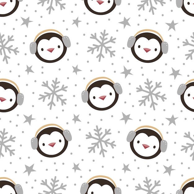 Cute penguin cartoon seamless pattern background with snowflakes christmas vector illustration