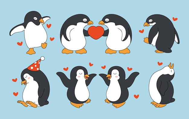 Vettore simpatico cartone animato pinguino con focolare e posa divertente illustrazione dell'icona animale isolata su vettore premium