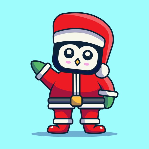 cute penguin celebrating christmas wearing santa claus uniform