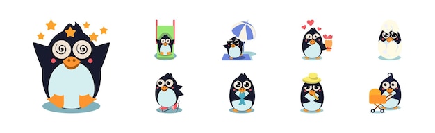 Милый персонаж пингвина занимается различной деятельностью Векторный набор Забавная нелетающая птица из Антарктиды