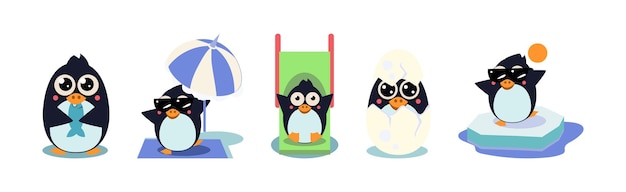 Cute Penguin Character Engaged in Different Activity Vector Set Funny Flightless Bird from Antarctica