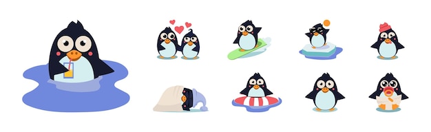 異なるアクティビティのベクトルセットに携わる可愛いペンギンキャラクター 南極から飛べない面白い鳥