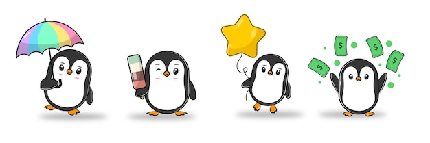 cute penguin character set with different poses and carrying an object