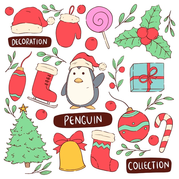 Simpatico personaggio pinguino agitando la mano. collezione di icone di natale con stile doodle colorato