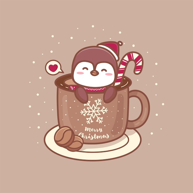 カードのコーヒーマグカップイラストでかわいいペンギンのクリスマス。メリークリスマスの挨拶文。カワイイスタイル