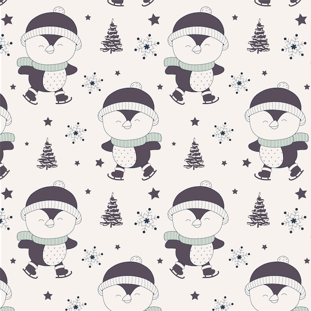 Vector cute penguin christmas doodle seamless pattern