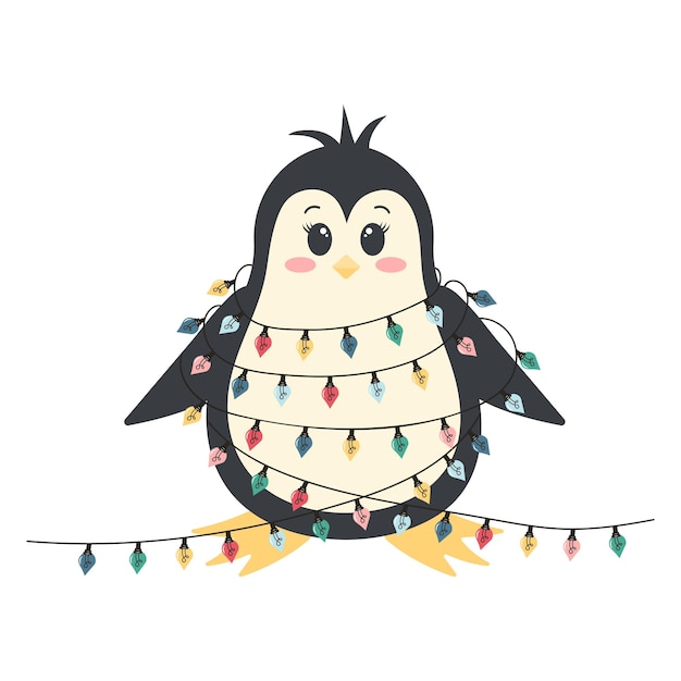 Cute penguin in a Christmas garland Antarctic bird cartoon character isolated on white background