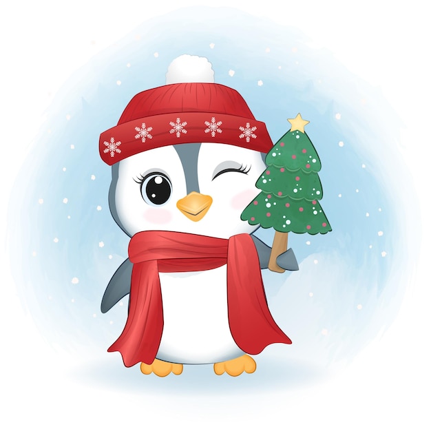 Cute penguin and christmas tree christmas season