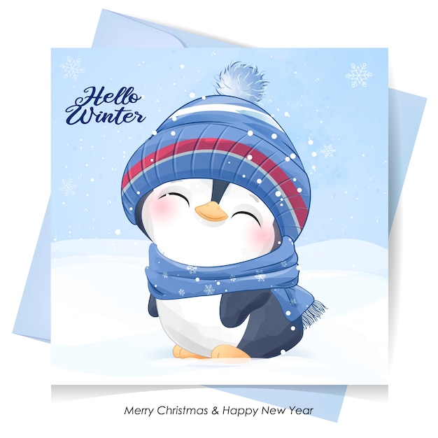 Cute  penguin for christmas with watercolor card