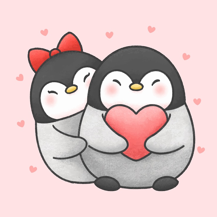 Vector cute penguin couple cartoon hand drawn style