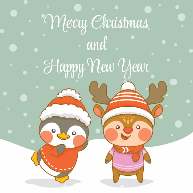 cute penguin and deer with christmas and new year greeting banner