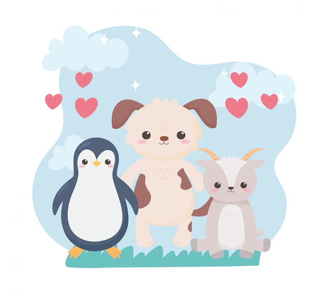 Cute penguin dog and goat hearts cartoon animals