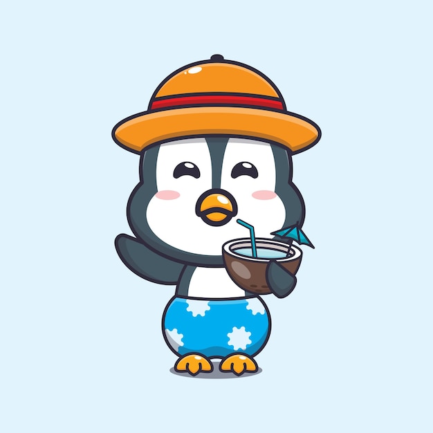 Cute penguin drink coconut cartoon illustration.