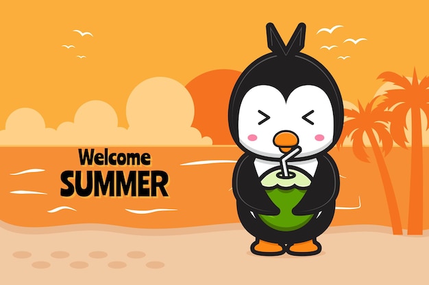 Cute penguin drink coconut with a summer greeting banner cartoon icon illustration